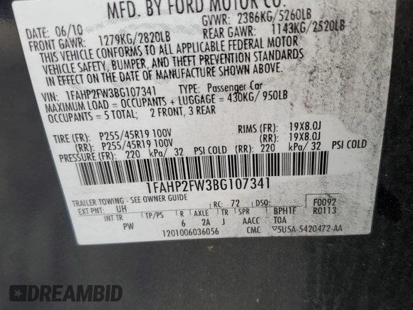 2011 Ford Taurus Limited z VIN 1FAHP2FW3BG107341, wystawiony jako Copart lot #53926025 z przebiegiem 198 369 mil mil oraz Szkoda całkowita • Salvage title. Historia ofert i sprzedaży dostępna na DreamBid. Obrazek 12.