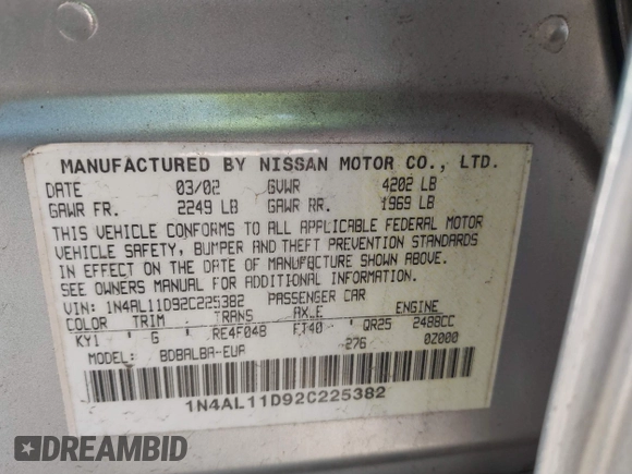 2002 Nissan Altima S with VIN 1N4AL11D92C225382, listed as a IAAI auction lot 41796261 with 207,812 mi miles. Bid and sale history available at carsss.com. Image 9.