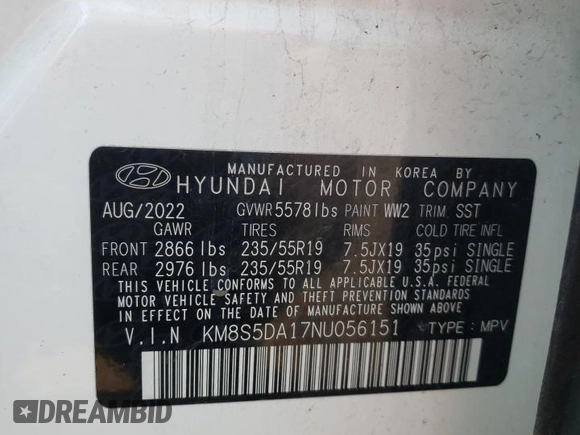 2022 Hyundai Santa Fe Hybrid Limited with VIN KM8S5DA17NU056151, listed as a Copart auction lot 63231464 with 0 mi miles and Salvage Title. Bid and sale history available at carsss.com. Image 13.