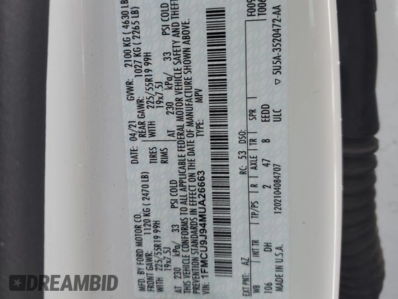 2021 Ford Escape Titanium with VIN 1FMCU9J94MUA26663, listed as a Copart auction lot 41799545 with Not Provided miles and Salvage Title. Bid and sale history available at carsss.com. Image 15.