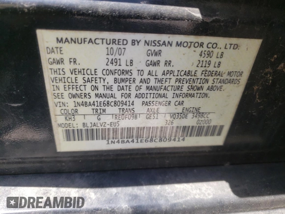 2008 Nissan Maxima 3.5 SE with VIN 1N4BA41E68C809414, listed as a Copart auction lot 58455924 with 0 mi miles and Salvage Title. Bid and sale history available at carsss.com. Image 13.