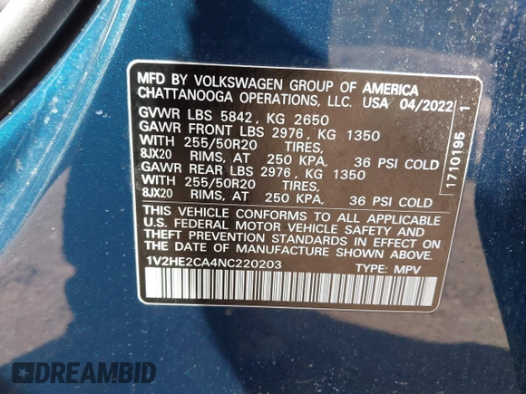 2022 Volkswagen Atlas SE z VIN 1V2HE2CA4NC220203, wystawiony jako IAAI lot #41982896 z przebiegiem 61 989 mil mil oraz . Historia ofert i sprzedaży dostępna na DreamBid. Obrazek 9.