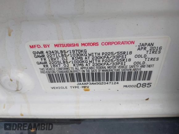 2016 Mitsubishi Outlander Sport 2.4 SE with VIN JA4AP3AW3GZ047124, listed as a IAAI auction lot 41731316 with 146,769 mi miles. Bid and sale history available at carsss.com. Image 9.