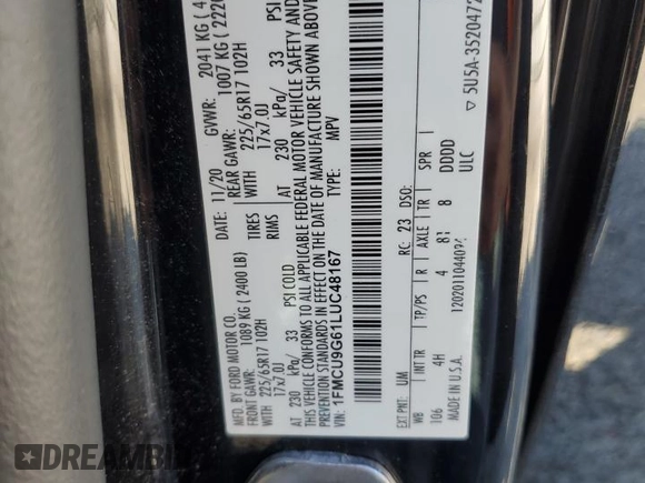 2020 Ford Escape SE с VIN 1FMCU9G61LUC48167, выставлен на аукционе Copart как лот 56717195 с пробегом 85 686 миль миль и Списание • Salvage title. История ставок и продаж доступна на DreamBid. Изображение 12.