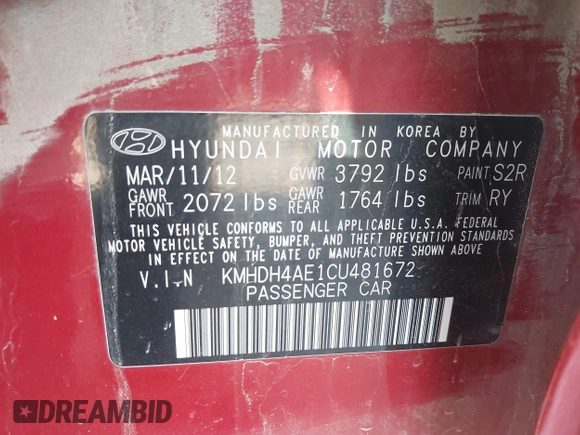 2012 Hyundai Elantra GLS с VIN KMHDH4AE1CU481672, выставлен на аукционе IAAI как лот 42458328 с пробегом 109 966 миль миль и . История ставок и продаж доступна на DreamBid. Изображение 9.