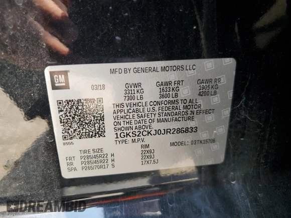 2018 GMC Yukon Denali with VIN 1GKS2CKJ0JR286833, listed as a Copart auction lot 65722294 with 103,798 mi miles and Salvage Title. Bid and sale history available at carsss.com. Image 13.