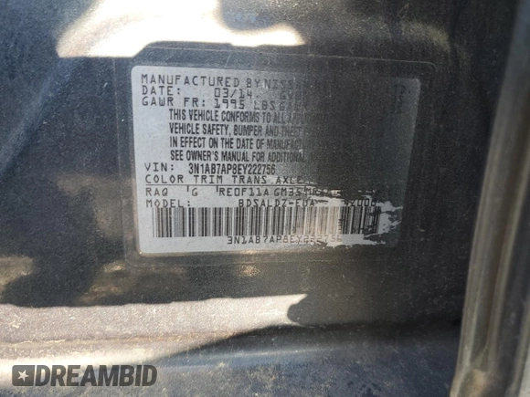 2014 Nissan Sentra SV with VIN 3N1AB7AP8EY222756, listed as a Copart auction lot 54576415 with 172,555 mi miles and Salvage Title. Bid and sale history available at DreamBid. Image 12.