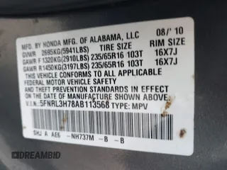 2010 Honda Odyssey EX-L с VIN 5FNRL3H78AB113568, выставлен на аукционе IAAI как лот 41181639 с пробегом 132 130 миль миль и . История ставок и продаж доступна на DreamBid. Изображение 9.