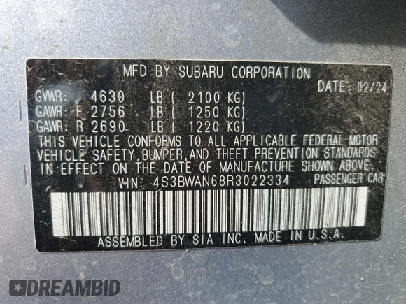 2024 Subaru Legacy Limited with VIN 4S3BWAN68R3022334, listed as a Copart auction lot 47479605 with Not provided miles and Salvage title. Bid and sale history available at DreamBid. Image 13.