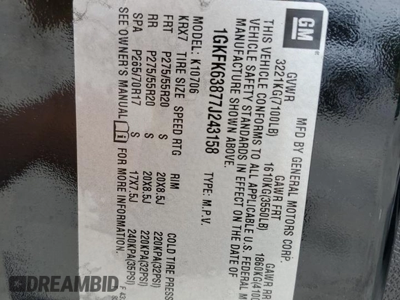 2007 GMC Yukon Denali z VIN 1GKFK63877J243158, wystawiony jako Copart lot #58711035 z przebiegiem 183 537 mil mil oraz Czysty tytuł • Clean title. Historia ofert i sprzedaży dostępna na DreamBid. Obrazek 13.