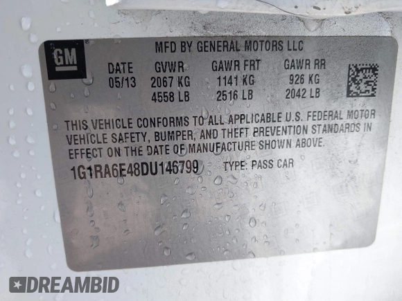 2013 Chevrolet Volt with VIN 1G1RA6E48DU146799, listed as a IAAI auction lot 42137122 with 121,649 mi miles and . Bid and sale history available at carsss.com. Image 9.