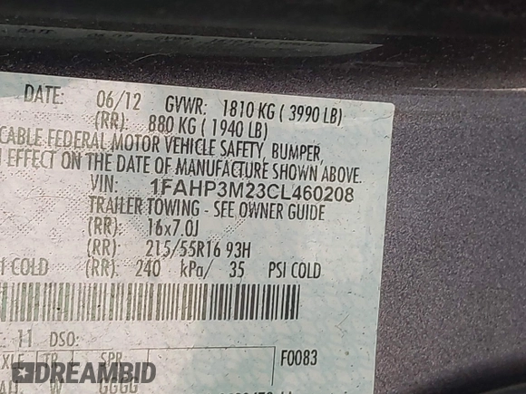 2012 Ford Focus SEL with VIN 1FAHP3M23CL460208, listed as a IAAI auction lot 41893224 with 146,553 mi miles. Bid and sale history available at carsss.com. Image 9.