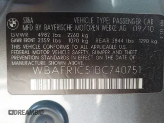 2011 BMW 5 Series 528i with VIN WBAFR1C51BC740751, listed as a IAAI auction lot 42143205 with 187,607 mi miles and . Bid and sale history available at carsss.com. Image 9.