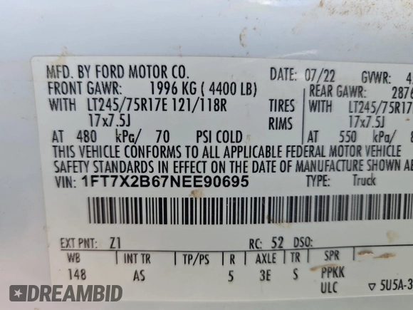 2022 Ford F-250 XL with VIN 1FT7X2B67NEE90695, listed as a IAAI auction lot 42610446 with 94,588 mi miles and . Bid and sale history available at DreamBid. Image 66.
