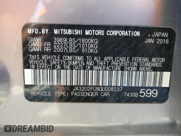 2016 Mitsubishi Lancer ES with VIN JA32U2FU8GU008237, listed as a Copart auction lot 67489284 with 95,869 mi miles and Clean Title. Bid and sale history available at carsss.com. Image 12.