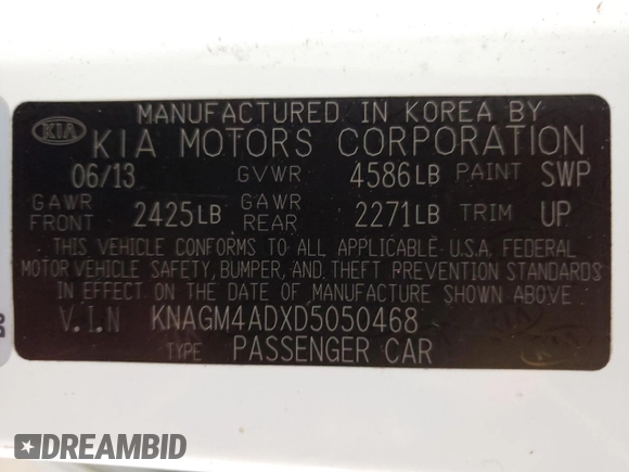 2013 Kia Optima Hybrid LX with VIN KNAGM4ADXD5050468, listed as a Copart auction lot 80537874 with 132,895 mi miles and Clean Title. Bid and sale history available at carsss.com. Image 12.