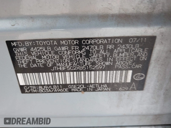 2011 Lexus IS 250 с VIN JTHBF5C2XB5152597, выставлен на аукционе IAAI как лот 42478323 с пробегом 269 485 миль миль и . История ставок и продаж доступна на DreamBid. Изображение 9.