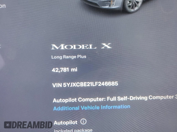 2020 Tesla Model X Long Range with VIN 5YJXCBE21LF246685, listed as a Copart auction lot 43800885 with 42,781 mi miles and Salvage Title. Bid and sale history available at DreamBid. Image 9.