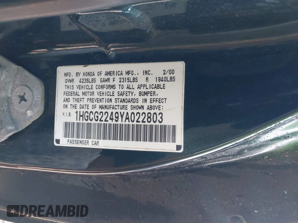 2000 Honda Accord LX z VIN 1HGCG2249YA022803, wystawiony jako IAAI lot #42048824 z przebiegiem 246 773 mil mil oraz . Historia ofert i sprzedaży dostępna na DreamBid. Obrazek 9.