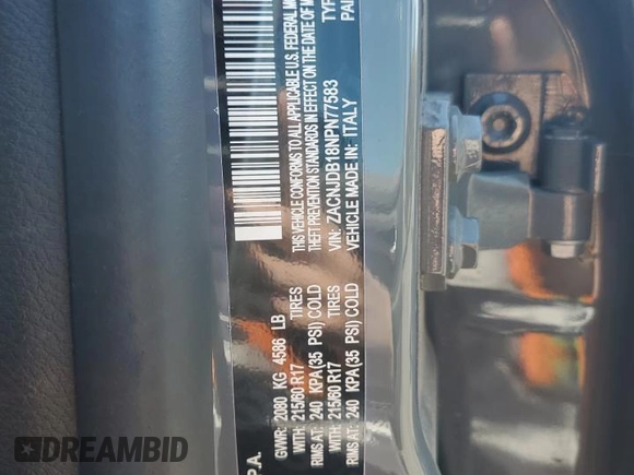 2022 Jeep Renegade Latitude with VIN ZACNJDB18NPN77583, listed as a Copart auction lot 56222315 with 21,551 mi miles and Salvage title. Bid and sale history available at DreamBid. Image 14.