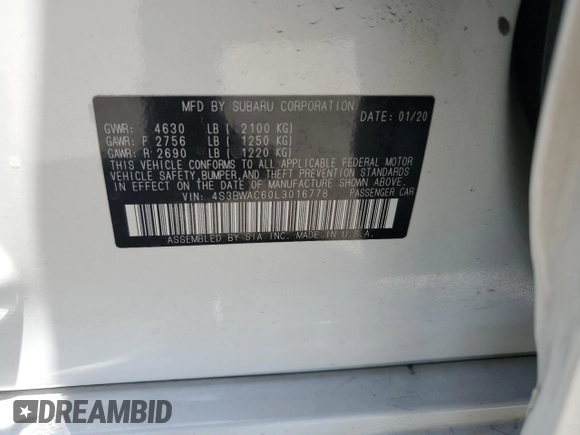 2020 Subaru Legacy Premium with VIN 4S3BWAC60L3016778, listed as a Copart auction lot 59639615 with 98,580 mi miles and Salvage title. Bid and sale history available at DreamBid. Image 12.