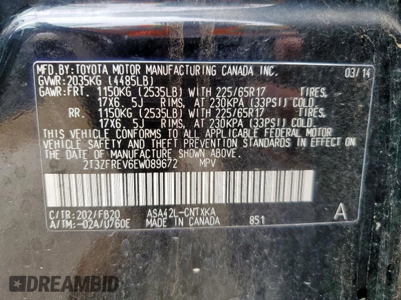 2014 Toyota RAV4 LE с VIN 2T3ZFREV6EW089672, выставлен на аукционе Copart как лот 55257365 с пробегом 71 265 миль миль и Списание • Salvage title. История ставок и продаж доступна на DreamBid. Изображение 14.