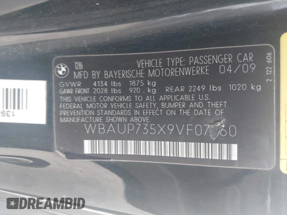 2009 BMW 1 Series 128i with VIN WBAUP735X9VF07260, listed as a IAAI auction lot 42688928 with 147,692 mi miles and . Bid and sale history available at DreamBid. Image 9.