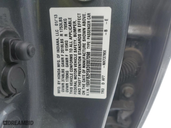 2013 Honda Civic Sdn LX with VIN 19XFB2F5XDE007098, listed as a Copart auction lot 45141365 with 154,810 mi miles and Salvage Title. Bid and sale history available at carsss.com. Image 12.