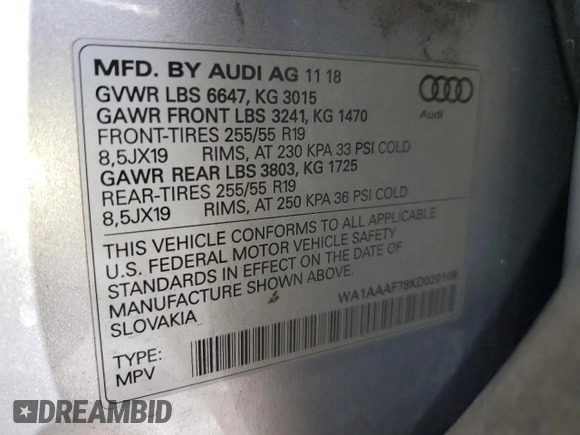 2019 Audi Q7 Premium with VIN WA1AAAF78KD020109, listed as a Copart auction lot 44381715 with 68,361 mi miles and Salvage title. Bid and sale history available at DreamBid. Image 13.