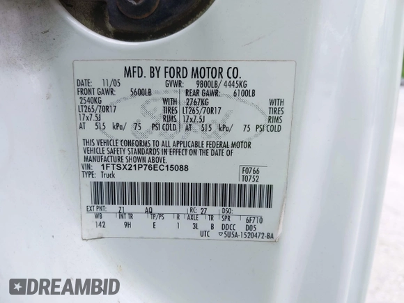 2006 Ford F-250 XL with VIN 1FTSX21P76EC15088, listed as a IAAI auction lot 42213741 with 203,231 mi miles and . Bid and sale history available at DreamBid. Image 9.