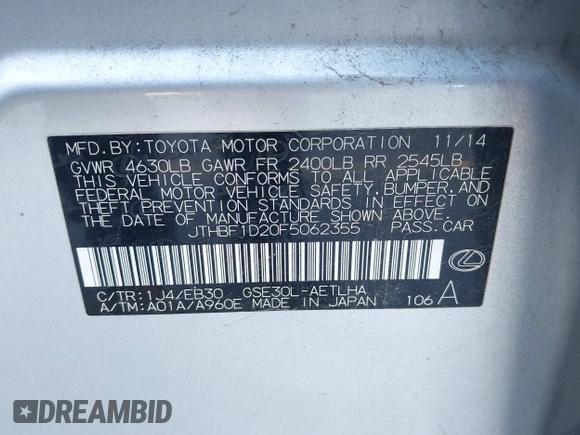 2015 Lexus IS 250 with VIN JTHBF1D20F5062355, listed as a IAAI auction lot 38318601 with 188,285 mi miles. Bid and sale history available at carsss.com. Image 9.
