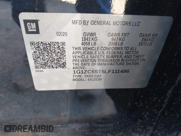 2020 Chevrolet Malibu LS with VIN 1G1ZC5ST6LF111486, listed as a IAAI auction lot 41052520 with 157,271 mi miles and . Bid and sale history available at DreamBid. Image 9.