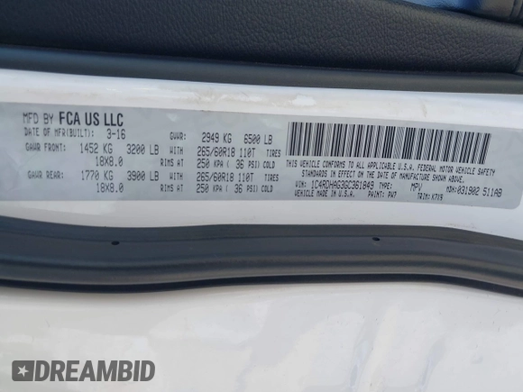 2016 Dodge Durango SXT with VIN 1C4RDHAG3GC361849, listed as a IAAI auction lot 42228712 with 128,084 mi miles and . Bid and sale history available at DreamBid. Image 9.