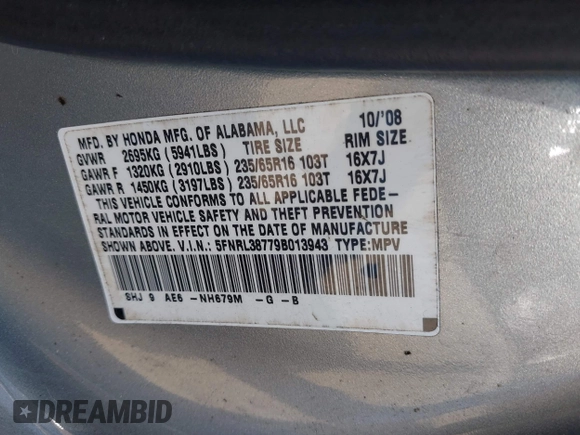 2009 Honda Odyssey EX-L with VIN 5FNRL38779B013943, listed as a IAAI auction lot 42119422 with 147,285 mi miles. Bid and sale history available at carsss.com. Image 9.