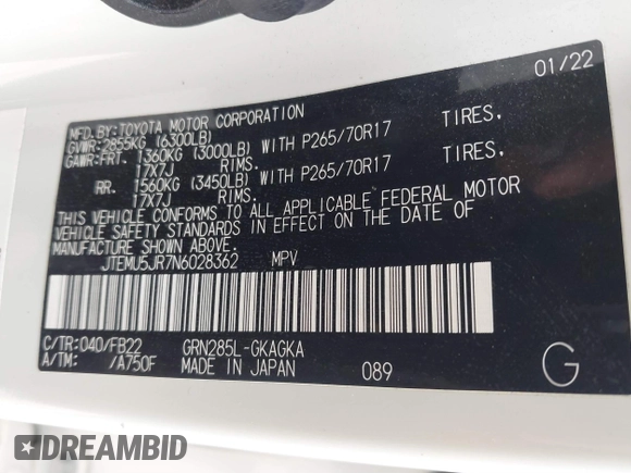 2022 Toyota 4Runner SR5 with VIN JTEMU5JR7N6028362, listed as a IAAI auction lot 41824868 with 68,496 mi miles and . Bid and sale history available at DreamBid. Image 9.