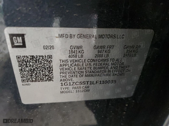 2020 Chevrolet Malibu LS with VIN 1G1ZC5ST1LF110035, listed as a Copart auction lot 46159605 with 63,578 mi miles and Salvage Title. Bid and sale history available at carsss.com. Image 14.