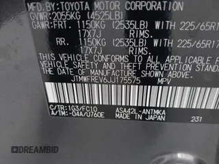 2018 Toyota RAV4 XLE with VIN JTMWFREV6JJ175575, listed as a IAAI auction lot 41788004 with 112,577 mi miles. Bid and sale history available at carsss.com. Image 9.