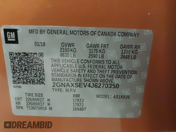 2018 Chevrolet Equinox LT with VIN 2GNAXSEV4J6270350, listed as a IAAI auction lot 41829987 with 64,381 mi miles. Bid and sale history available at carsss.com. Image 9.