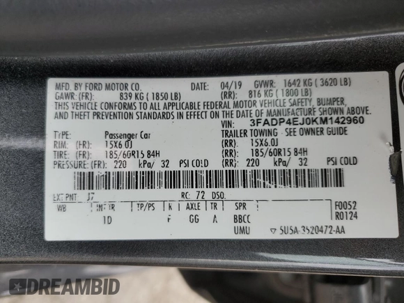 2019 Ford Fiesta SE with VIN 3FADP4EJ0KM142960, listed as a Copart auction lot 49285914 with 88,773 mi miles and Salvage Title. Bid and sale history available at DreamBid. Image 14.