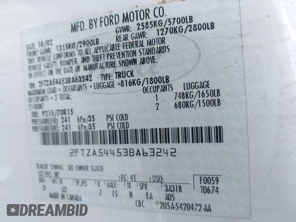 2003 Ford Windstar Cargo with VIN 2FTZA54453BA63242, listed as a IAAI auction lot 41414575 with Not Provided miles. Bid and sale history available at carsss.com. Image 9.