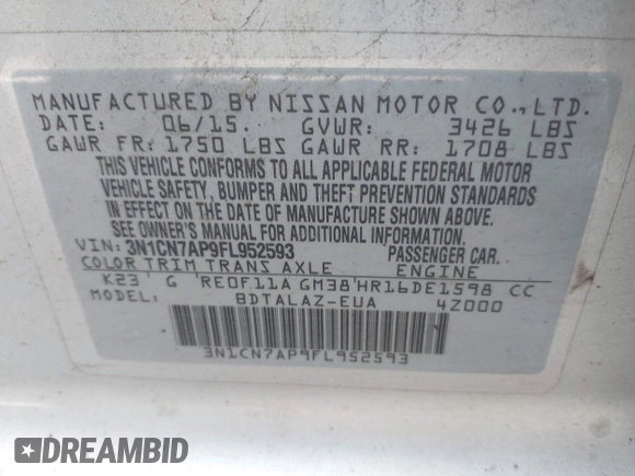 2015 Nissan Versa SV with VIN 3N1CN7AP9FL952593, listed as a IAAI auction lot 41940068 with 149,201 mi miles. Bid and sale history available at carsss.com. Image 9.