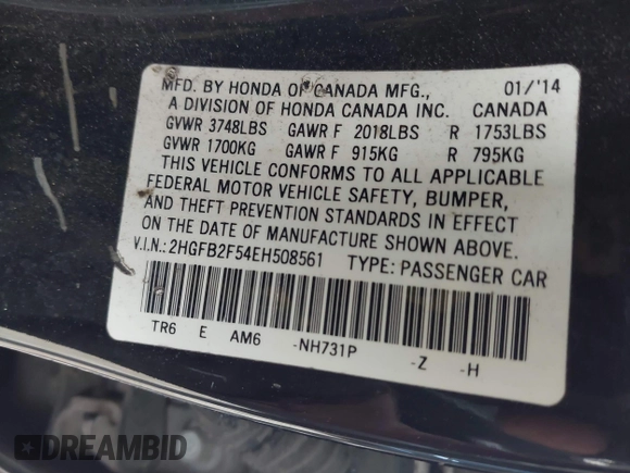 2014 Honda Civic Sedan LX with VIN 2HGFB2F54EH508561, listed as a IAAI auction lot 41922290 with 168,046 mi miles. Bid and sale history available at carsss.com. Image 9.
