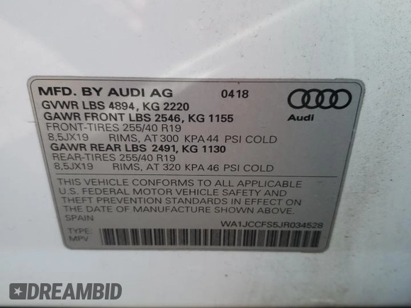 2018 Audi Q3 Premium Plus with VIN WA1JCCFS5JR034528, listed as a Copart auction lot 44626863 with 58,518 mi miles. Bid and sale history available at carsss.com. Image 12.