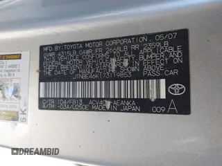 2007 Toyota Camry CE with VIN JTNBE46K173119853, listed as a IAAI auction lot 42133844 with 243,587 mi miles and . Bid and sale history available at DreamBid. Image 9.