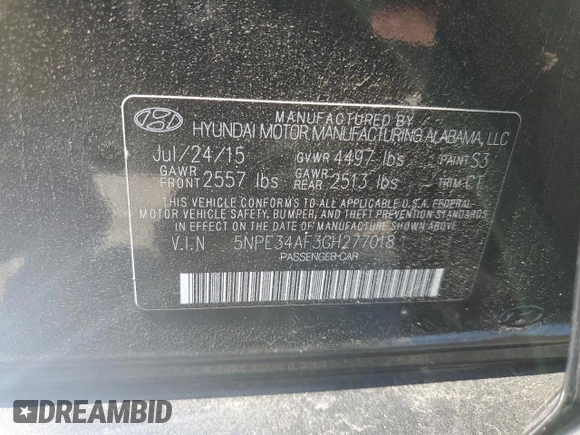 2016 Hyundai Sonata Sport with VIN 5NPE34AF3GH277018, listed as a Copart auction lot 50914175 with 126,334 mi miles and Salvage Title. Bid and sale history available at DreamBid. Image 12.