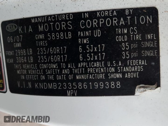 2008 Kia Sedona LX with VIN KNDMB233586199388, listed as a Copart auction lot 73033294 with 185,163 mi miles and Clean Title. Bid and sale history available at carsss.com. Image 13.