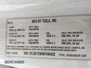 2019 Tesla Model 3 Long Range with VIN 5YJ3E1EB4KF494432, listed as a IAAI auction lot 42009327 with 121,954 mi miles and . Bid and sale history available at DreamBid. Image 9.