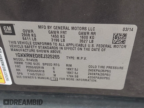 2014 GMC Acadia SLE with VIN 1GKKRNED8EJ325265, listed as a IAAI auction lot 41856162 with 145,022 mi miles and . Bid and sale history available at carsss.com. Image 9.