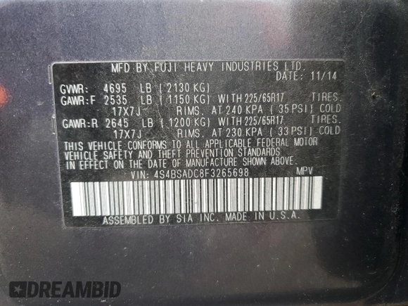 2015 Subaru Outback Premium with VIN 4S4BSADC8F3265698, listed as a Copart auction lot 52197425 with 151,367 mi miles and Salvage Title. Bid and sale history available at DreamBid. Image 13.
