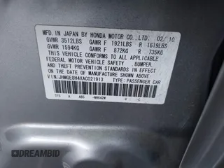 2010 Honda Fit Sport with VIN JHMGE8H4XAC021913, listed as a IAAI auction lot 42607154 with 193,529 mi miles and . Bid and sale history available at DreamBid. Image 9.